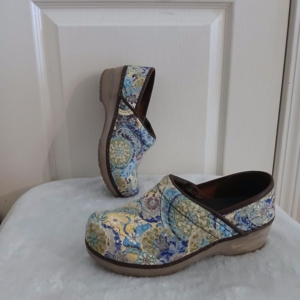 Sanita Boho blue & yellow floral medallion paisley print clogs chunky heel 37